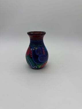 Vintage Talavera Art Pottery Vase 5” Colorful Peacock From Mexico